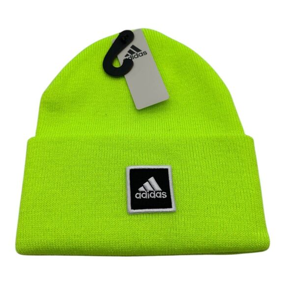 Adidas Men's Wide Cuff Folded Knit Beanie Hat Lucid Lemon‎ Yellow Neon One Size - Picture 1 of 2